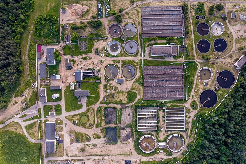 Aerial view of modern wastewater sewage treatment plant