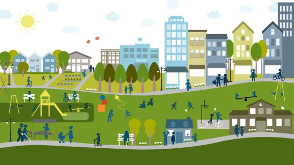 Illustration of park in city with children playing and people walking