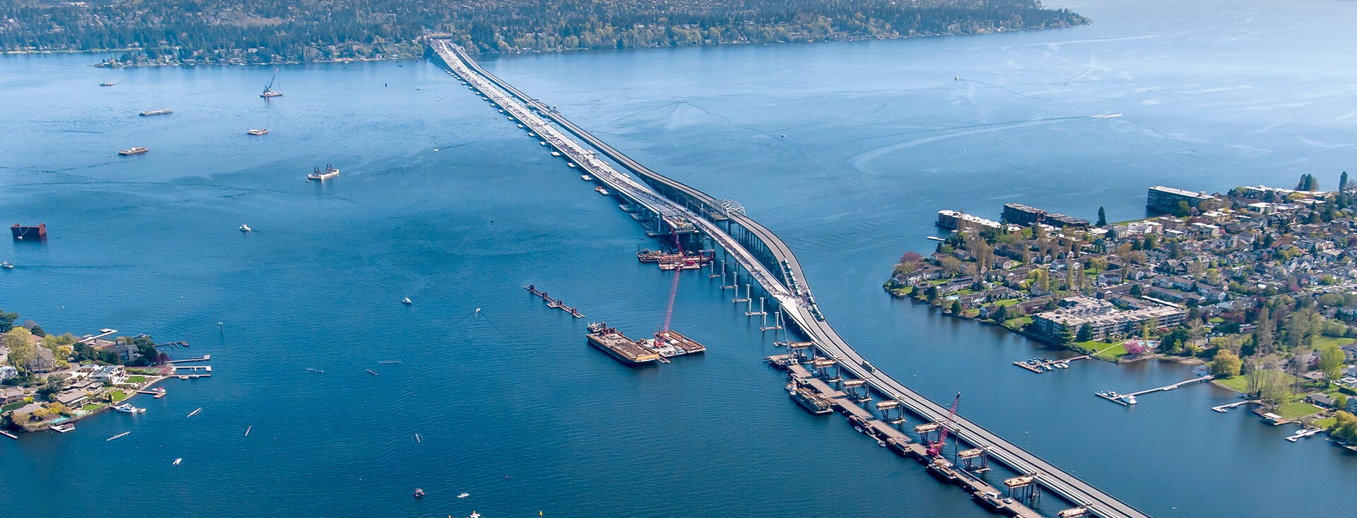 Photo of world's longest floating bridge in Seattle and Bellevue, Washington.