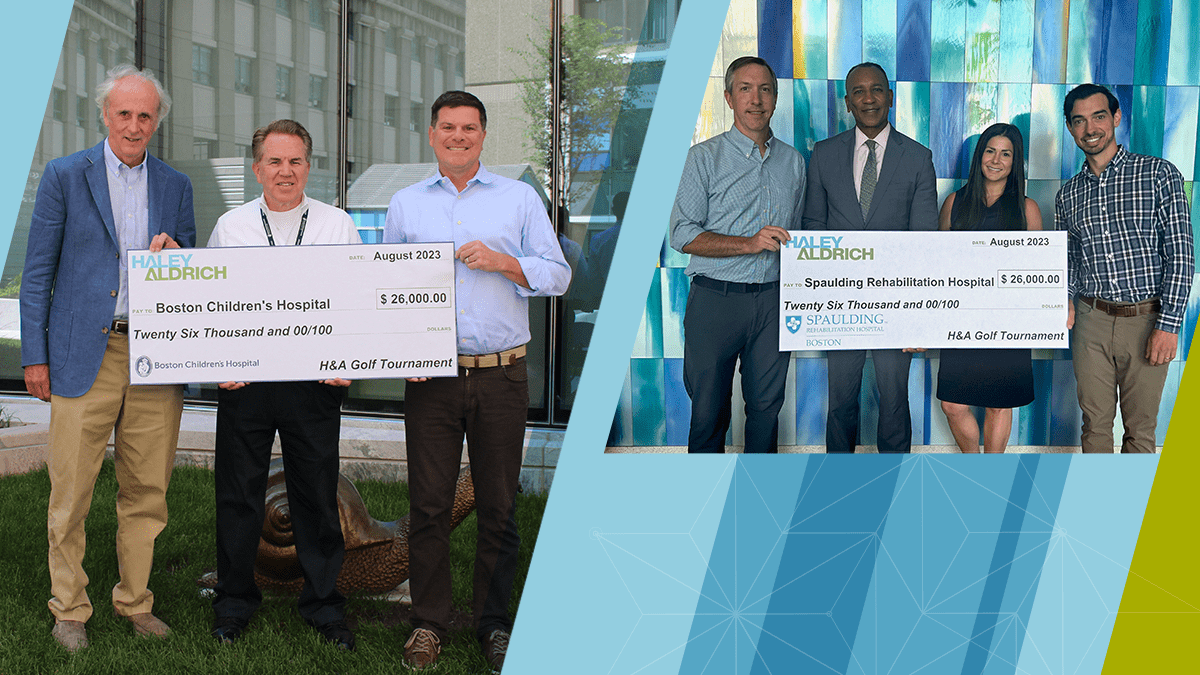 Two side by side photos of Haley & Aldrich representatives standing along partners receiving check presentations benefiting Boston Children's Hospital and Spaulding Rehabilitation Hospital.