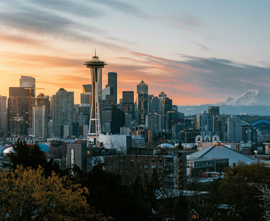 Seattle, Washington skyline at sunset