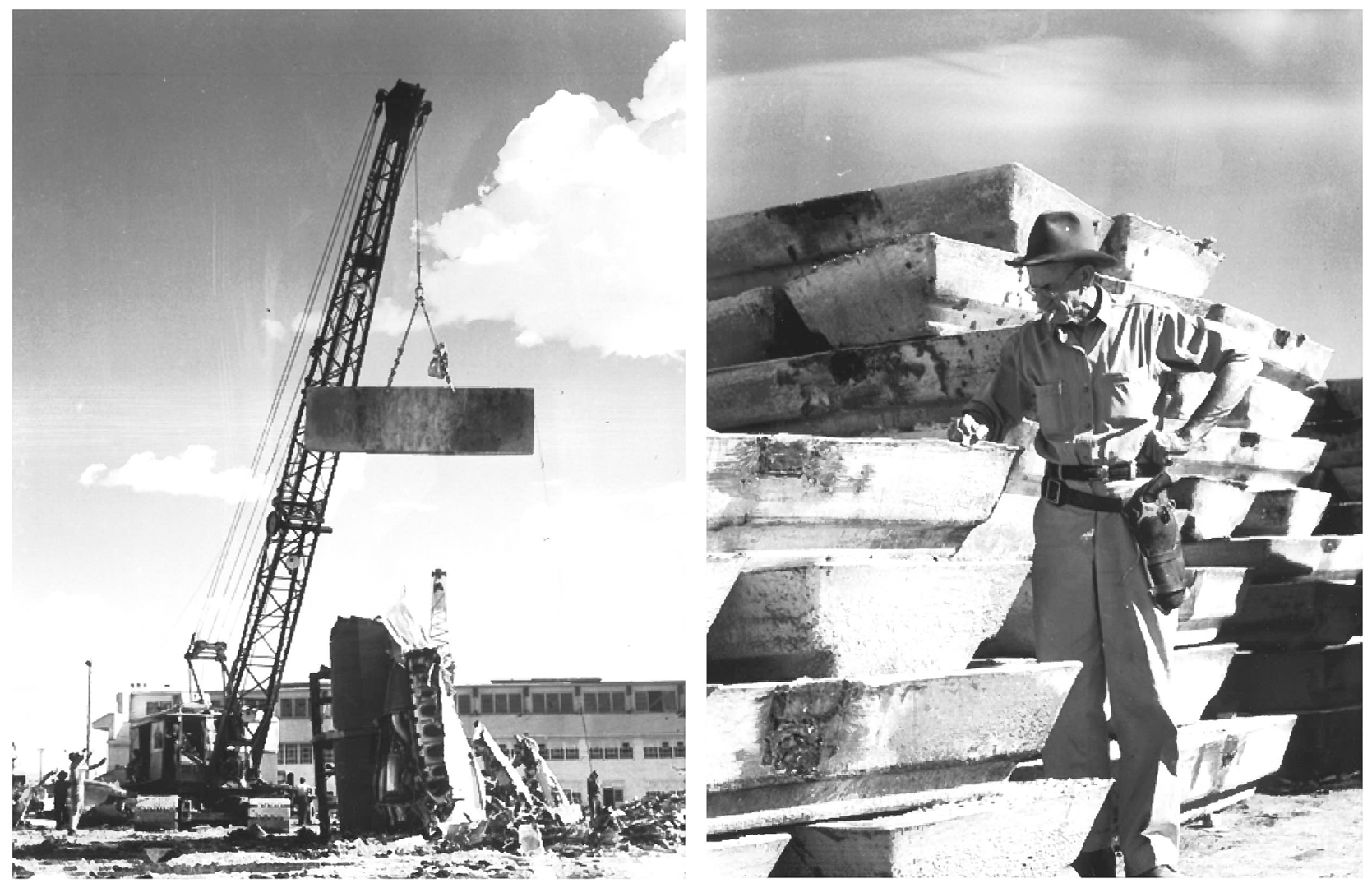 Black-and-white photos of aircraft disposal work in Kingman, Arizona, following World War II.