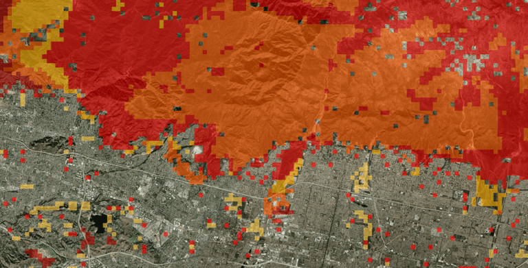 Burn probability data for the LA/San Bernardino area near the mountains to the north.