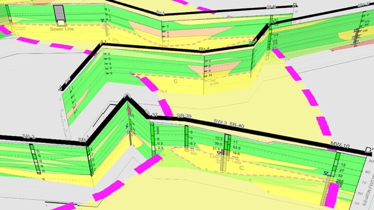 Three-dimensional graphic demonstrating how a buried stream channel functioned as the pathway for contaminants to migrate onto a client’s property  