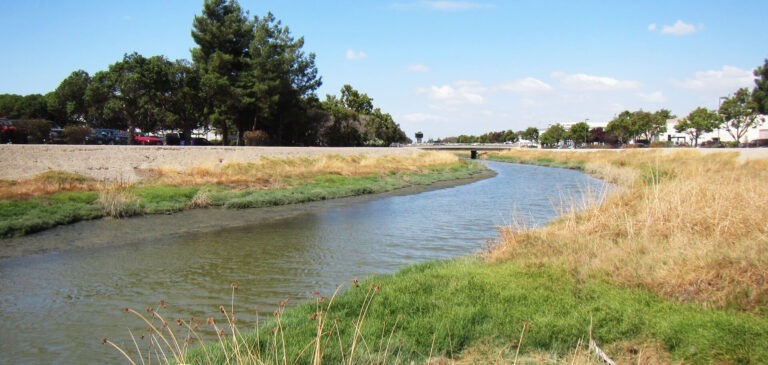 A narrow canal curves through grassy banks with trees and a bridge in the distance.