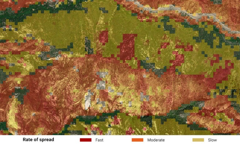 Wildfire rate-of-spread map showing fast, moderate, and slow burn zones across terrain.