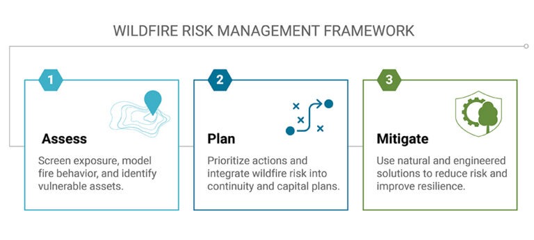 Wildfire risk management framework graphic showing three steps: assess, plan, and mitigate.
